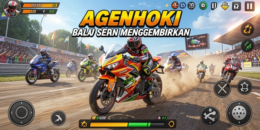 Tampilan gameplay AGENHOKI yang mendebarkan saat balapan motor di lintasan.