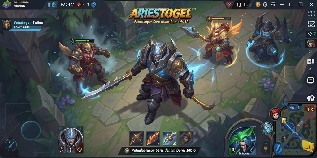 Screenshot tampilan gameplay seru ARIESTOGEL dalam pertempuran MOBA.