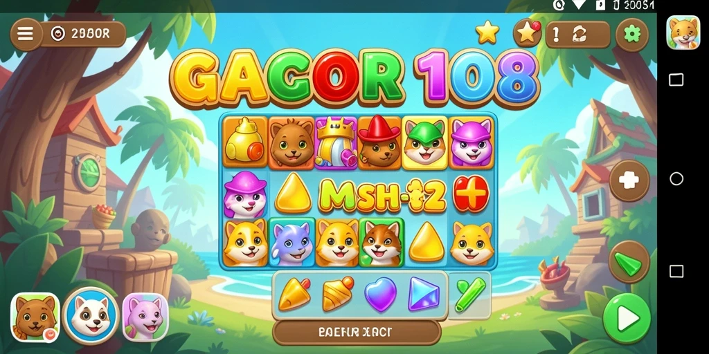 Tampilan gameplay GACOR108 dengan pertempuran Match-3 yang menarik.