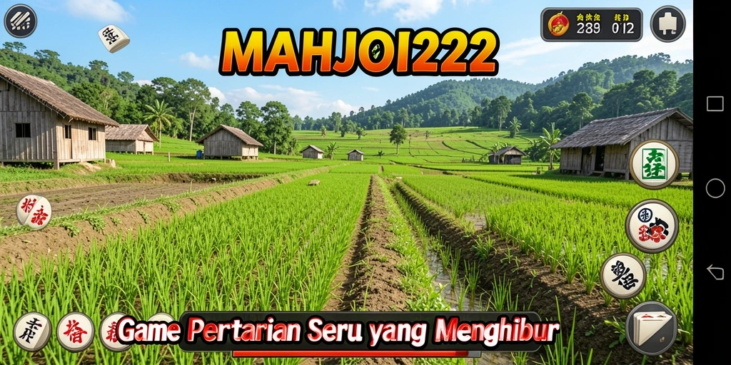 Screenshot gameplay <strong>MAHJONG222</strong> yang menampilkan ladang yang subur dan hewan ternak.