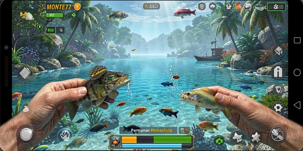 Screenshot gameplay <strong>MONTE77</strong> menunjukkan pengalaman memancing yang seru dan menantang.