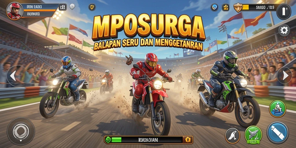 Tampilan gameplay seru dalam MPOSURGA, balapan melawan lawan dengan kecepatan tinggi.