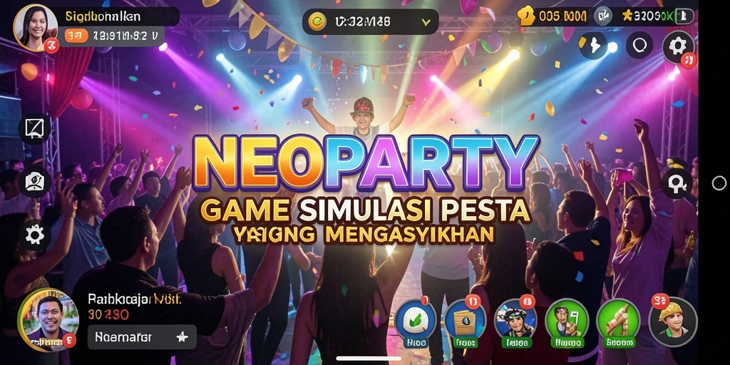Tampilan interaktif gameplay NEOPARTY saat mengatur pesta.