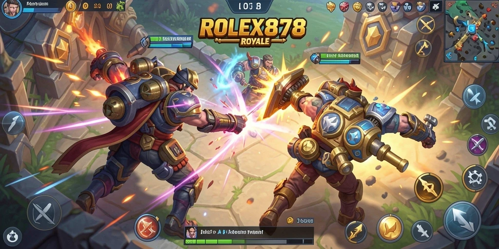 Tangkapan layar utama ROLEX878 menampilkan aksi seru dalam Battle Royale.