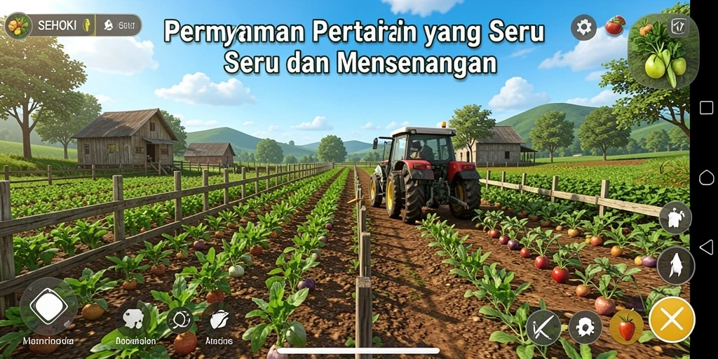 Tampilan gameplay SEHOKI dengan suasana pertanian yang cerah.